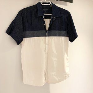 Guess Men's Short Sleeve Button Up Shirt Colour Block Blue White Denim Medium